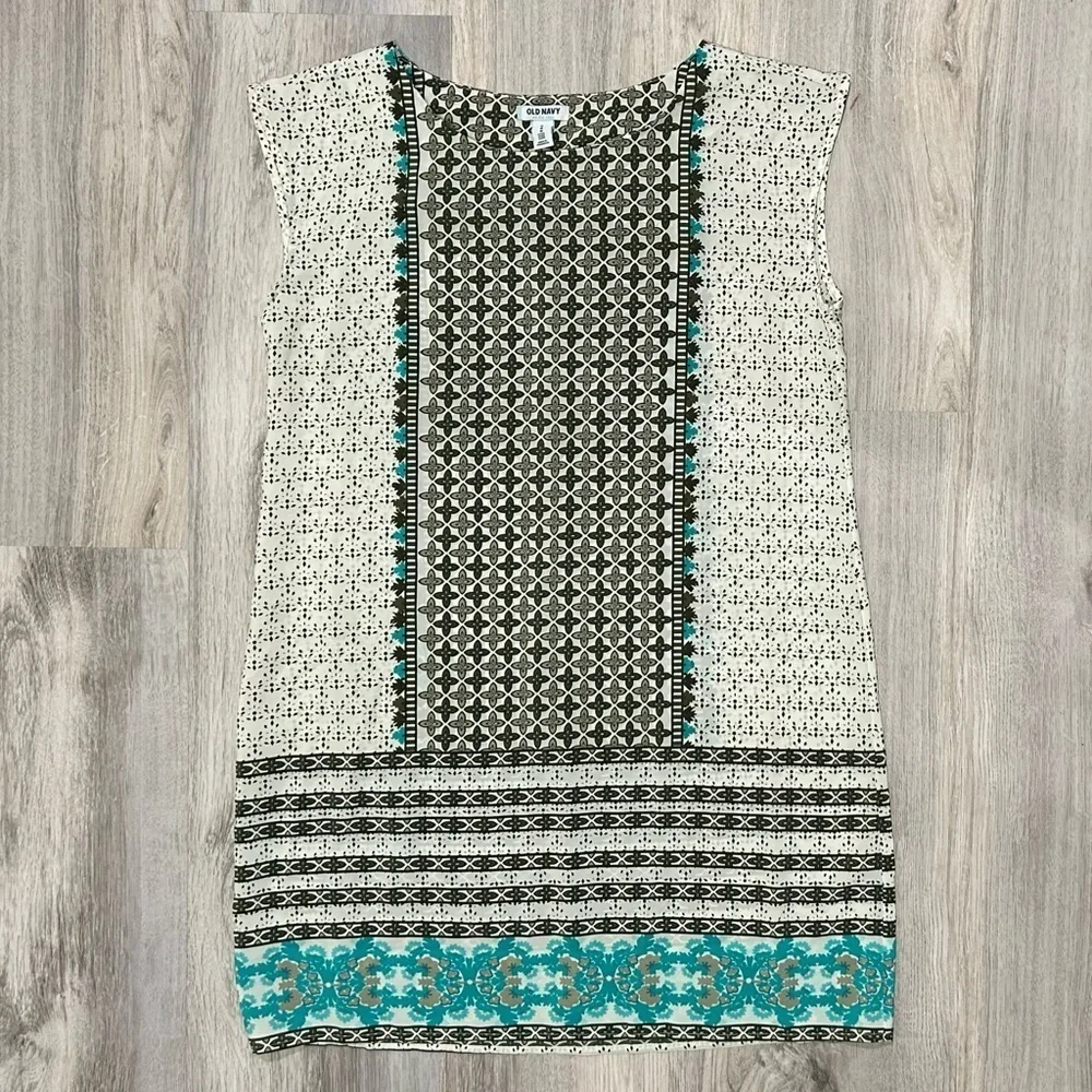Old Navy Cream Green Geo Print Casual Lightweight Mini Shift Dress Size Petite M